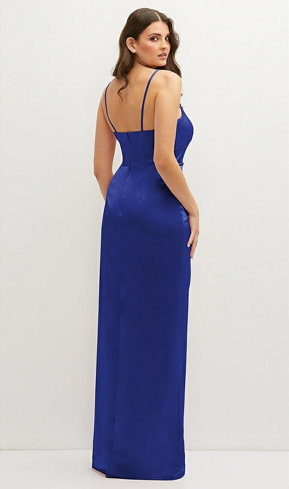 Back View - Cobalt Blue Asymmetrical Draped Pleat Wrap Satin Maxi Dress