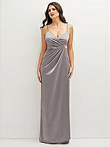 Front View Thumbnail - Cashmere Gray Asymmetrical Draped Pleat Wrap Satin Maxi Dress