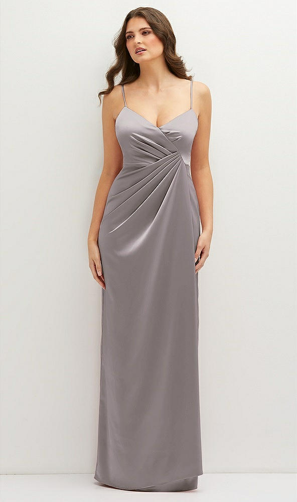 Front View - Cashmere Gray Asymmetrical Draped Pleat Wrap Satin Maxi Dress