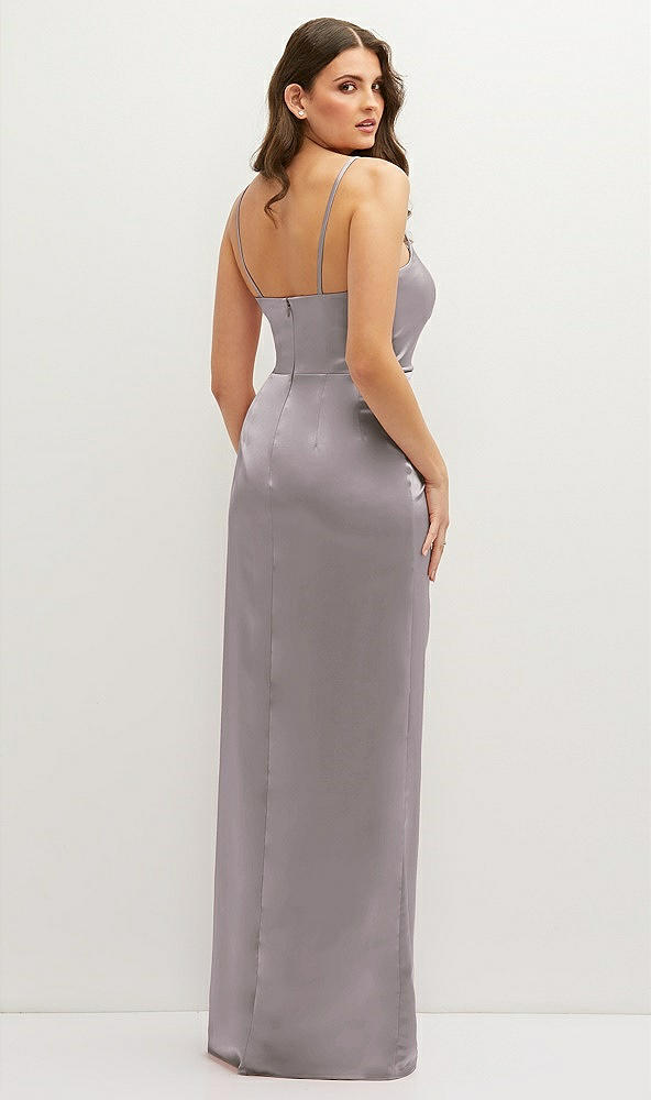 Back View - Cashmere Gray Asymmetrical Draped Pleat Wrap Satin Maxi Dress
