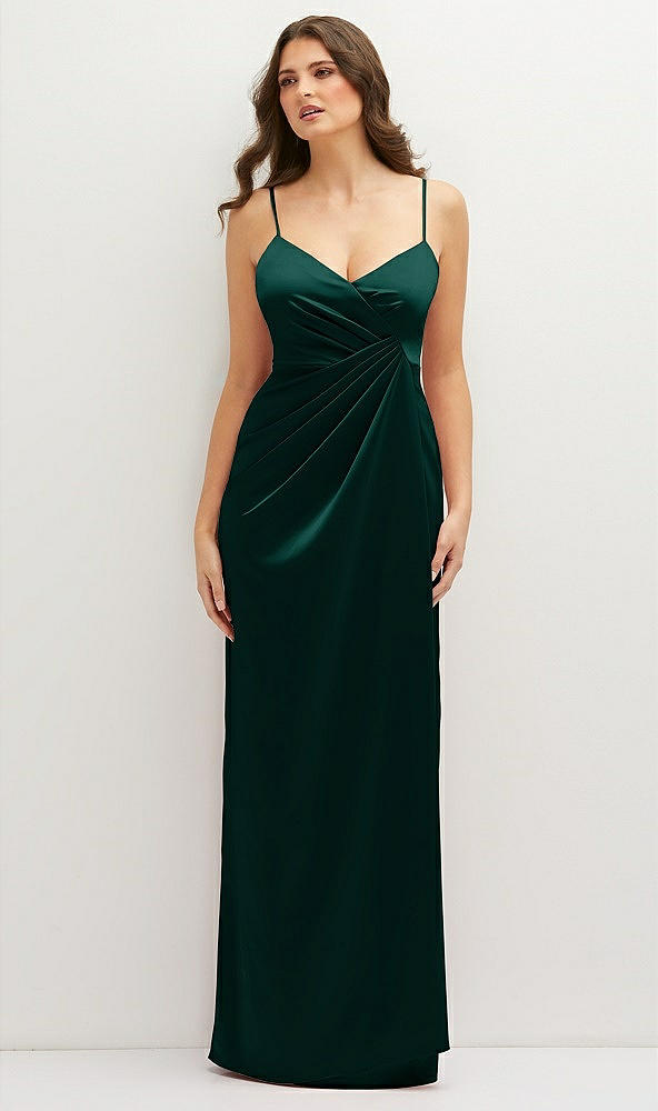Front View - Evergreen Asymmetrical Draped Pleat Wrap Satin Maxi Dress