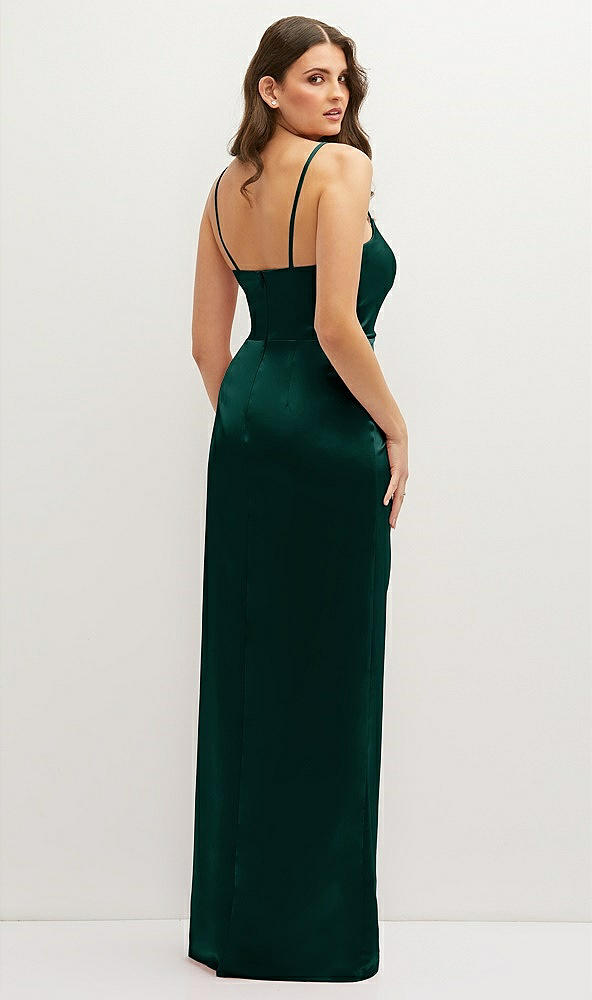 Back View - Evergreen Asymmetrical Draped Pleat Wrap Satin Maxi Dress