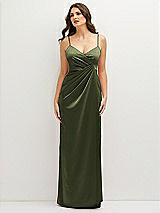 Front View Thumbnail - Olive Green Asymmetrical Draped Pleat Wrap Satin Maxi Dress