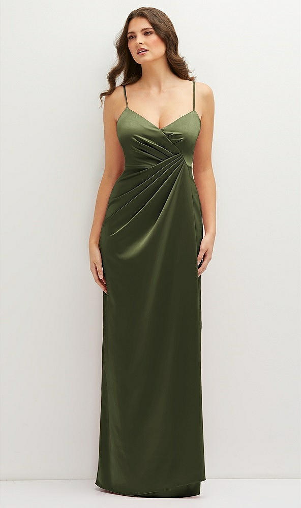 Front View - Olive Green Asymmetrical Draped Pleat Wrap Satin Maxi Dress