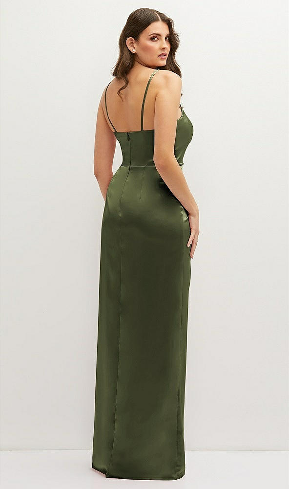 Back View - Olive Green Asymmetrical Draped Pleat Wrap Satin Maxi Dress