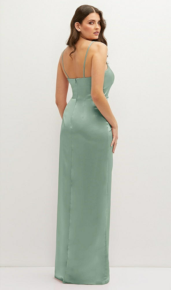 Back View - Seagrass Asymmetrical Draped Pleat Wrap Satin Maxi Dress