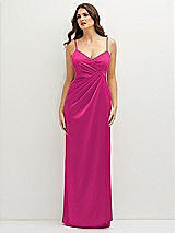 Front View Thumbnail - Think Pink Asymmetrical Draped Pleat Wrap Satin Maxi Dress