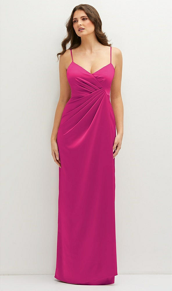 Front View - Think Pink Asymmetrical Draped Pleat Wrap Satin Maxi Dress