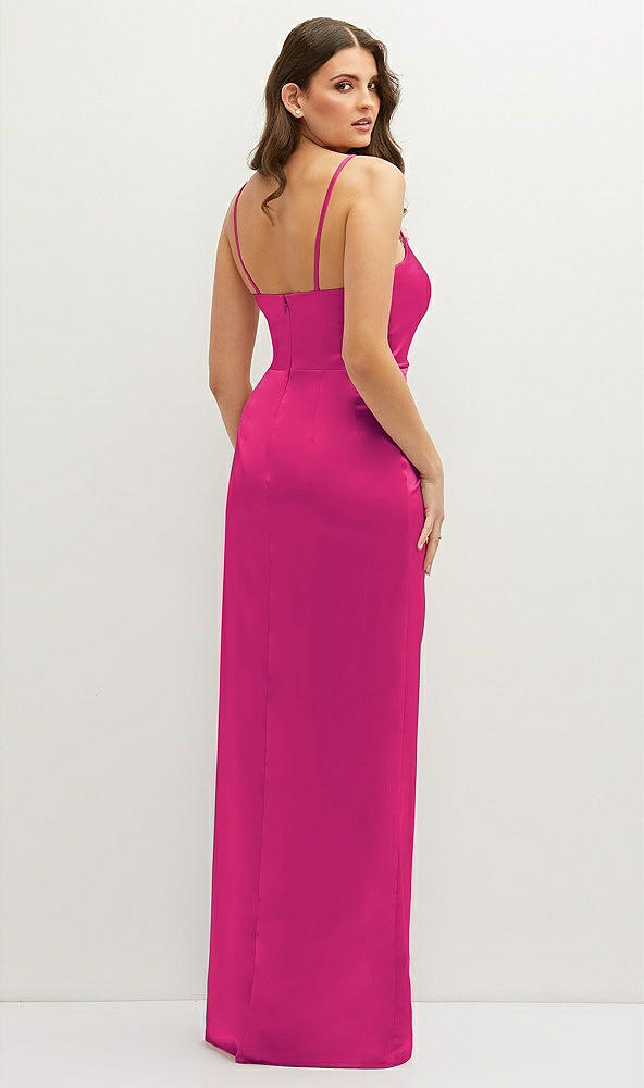 Back View - Think Pink Asymmetrical Draped Pleat Wrap Satin Maxi Dress