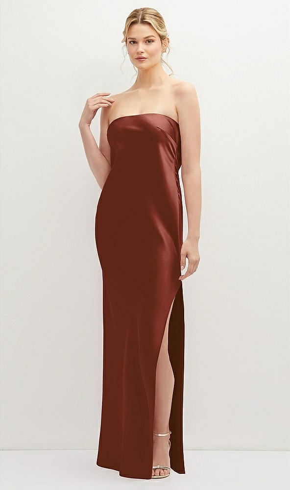 Front View - Auburn Moon Strapless Pull-On Satin Column Dress with Side Seam Slit