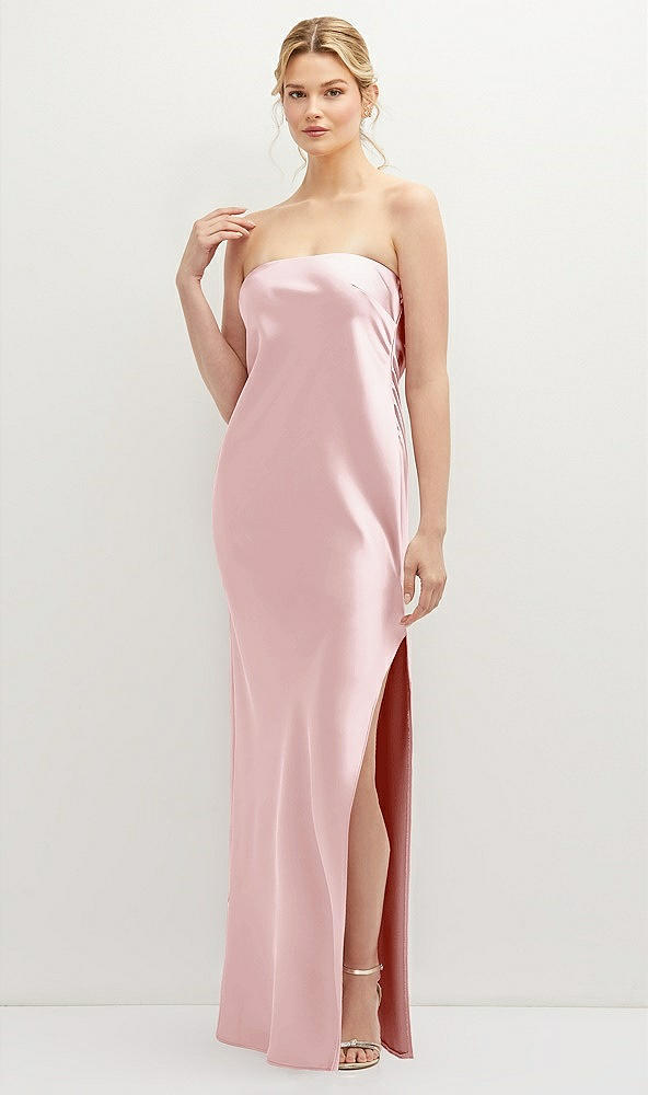 Front View - Ballet Pink Strapless Pull-On Satin Column Dress with Side Seam Slit