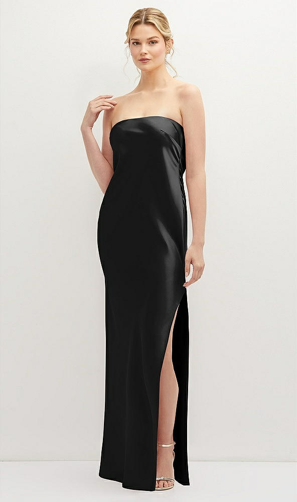 Front View - Black Strapless Pull-On Satin Column Dress with Side Seam Slit