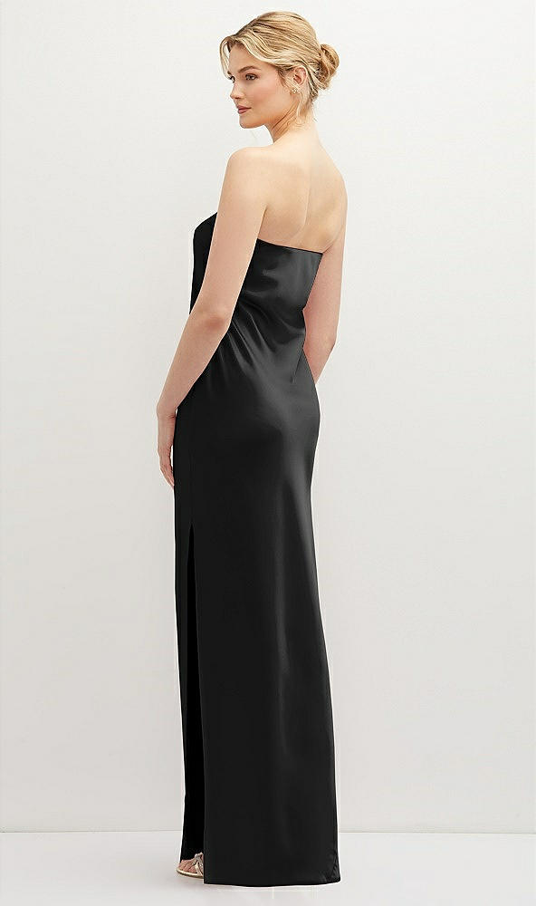 Back View - Black Strapless Pull-On Satin Column Dress with Side Seam Slit