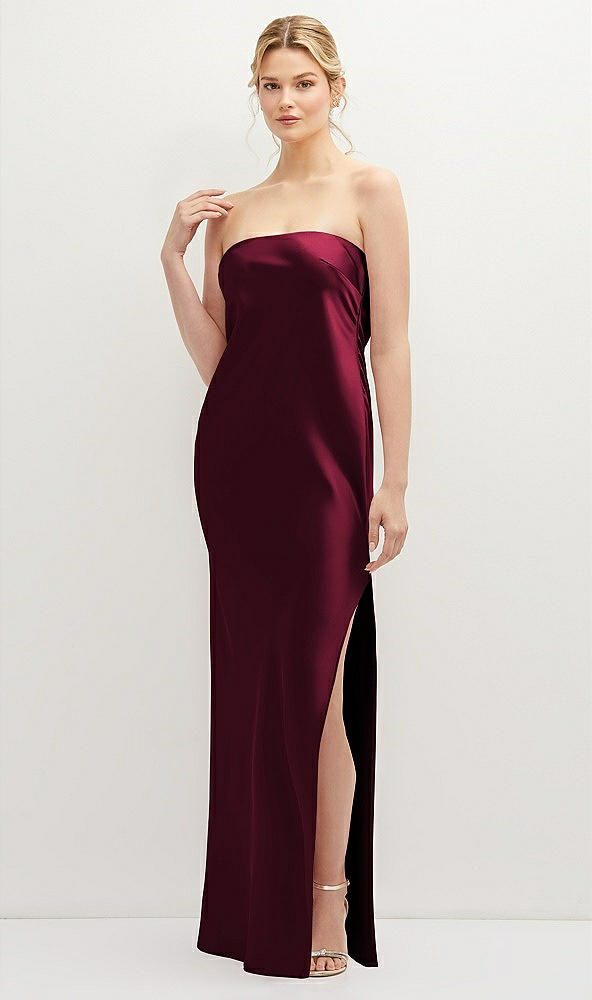 Front View - Cabernet Strapless Pull-On Satin Column Dress with Side Seam Slit