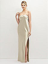 Front View Thumbnail - Champagne Strapless Pull-On Satin Column Dress with Side Seam Slit