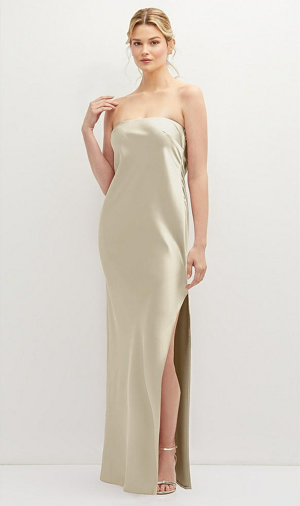 Front View - Champagne Strapless Pull-On Satin Column Dress with Side Seam Slit