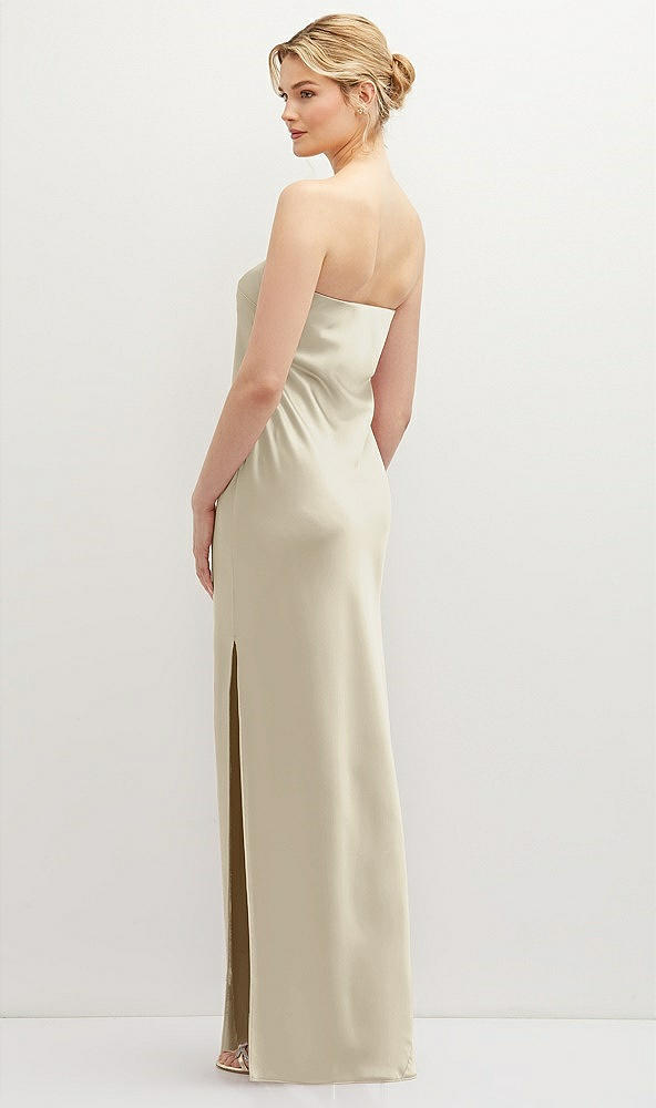 Back View - Champagne Strapless Pull-On Satin Column Dress with Side Seam Slit