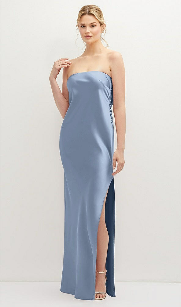Front View - Cloudy Strapless Pull-On Satin Column Dress with Side Seam Slit