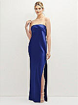 Front View Thumbnail - Cobalt Blue Strapless Pull-On Satin Column Dress with Side Seam Slit