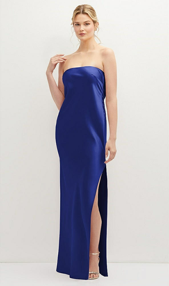 Front View - Cobalt Blue Strapless Pull-On Satin Column Dress with Side Seam Slit
