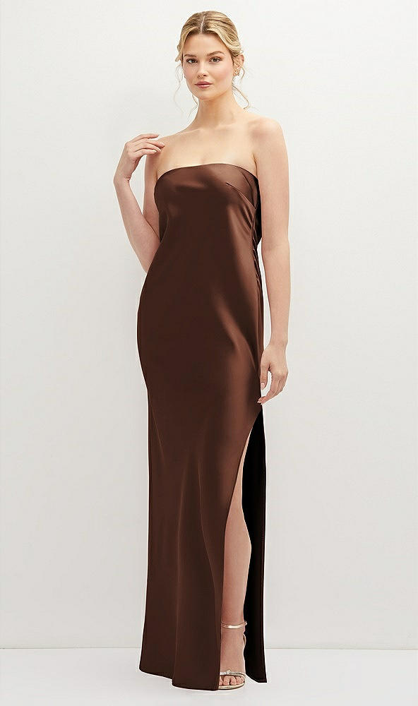 Front View - Cognac Strapless Pull-On Satin Column Dress with Side Seam Slit