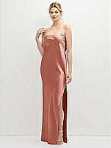 Front View Thumbnail - Desert Rose Strapless Pull-On Satin Column Dress with Side Seam Slit