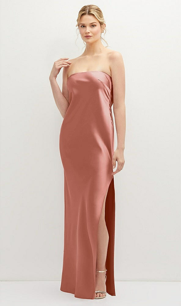 Front View - Desert Rose Strapless Pull-On Satin Column Dress with Side Seam Slit