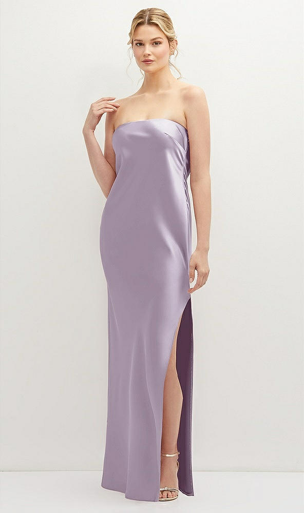 Front View - Lilac Haze Strapless Pull-On Satin Column Dress with Side Seam Slit