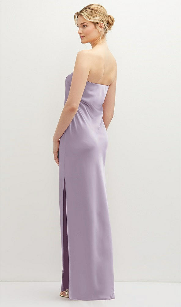 Back View - Lilac Haze Strapless Pull-On Satin Column Dress with Side Seam Slit