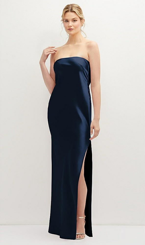 Front View - Midnight Navy Strapless Pull-On Satin Column Dress with Side Seam Slit
