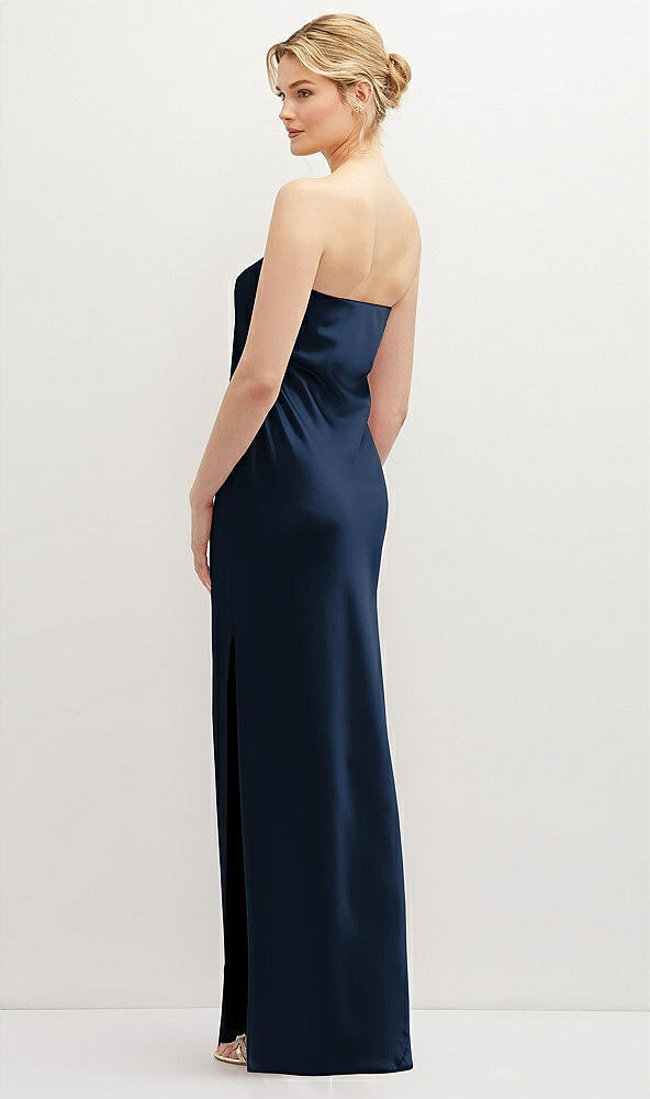 Back View - Midnight Navy Strapless Pull-On Satin Column Dress with Side Seam Slit