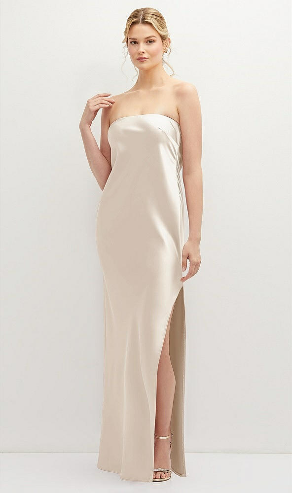 Front View - Oat Strapless Pull-On Satin Column Dress with Side Seam Slit