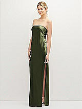 Alt View 1 Thumbnail - Olive Green Strapless Pull-On Satin Column Dress with Side Seam Slit