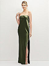 Front View Thumbnail - Olive Green Strapless Pull-On Satin Column Dress with Side Seam Slit