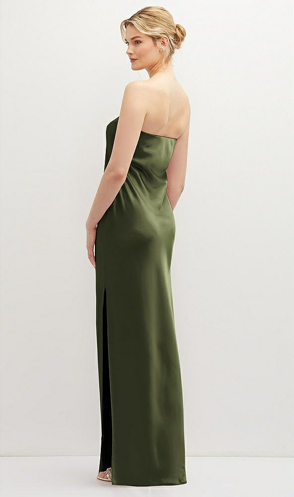 Back View - Olive Green Strapless Pull-On Satin Column Dress with Side Seam Slit