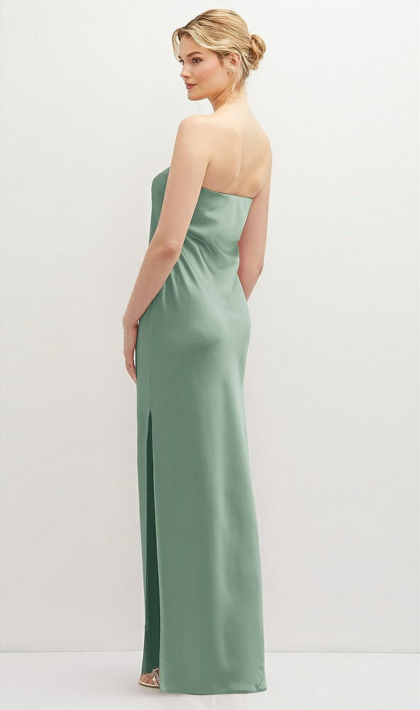 Back View - Seagrass Strapless Pull-On Satin Column Dress with Side Seam Slit