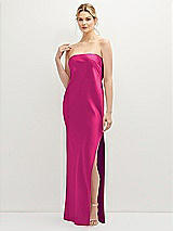 Front View Thumbnail - Think Pink Strapless Pull-On Satin Column Dress with Side Seam Slit