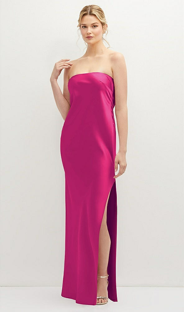 Front View - Think Pink Strapless Pull-On Satin Column Dress with Side Seam Slit
