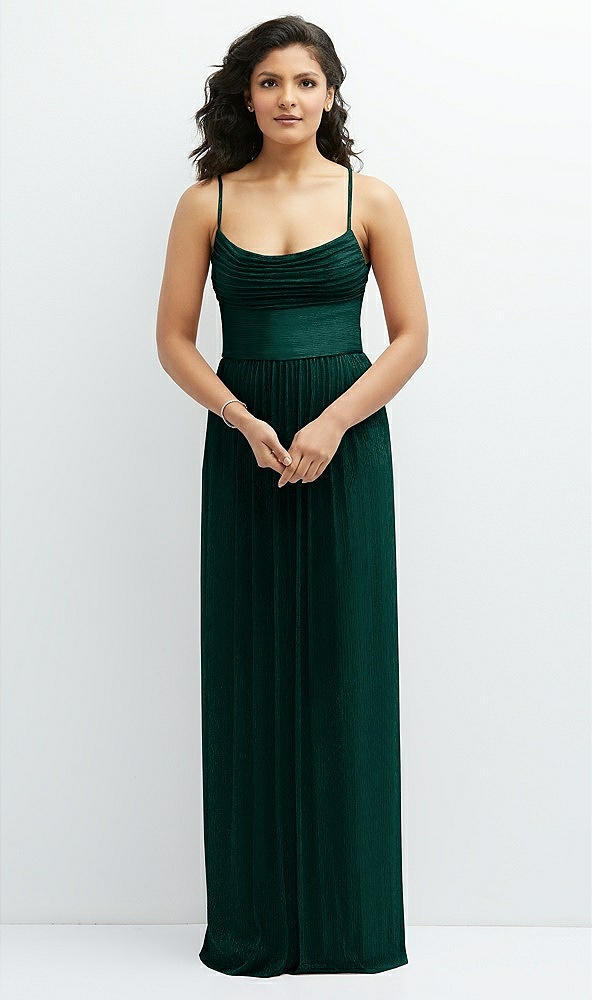 Front View - Metallic Evergreen Soft Cowl Neck Metallic Pleated Maxi Dress with Convertible Tie Straps