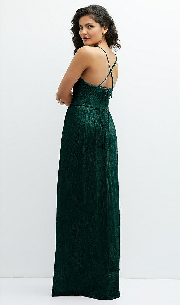 Back View - Metallic Evergreen Soft Cowl Neck Metallic Pleated Maxi Dress with Convertible Tie Straps