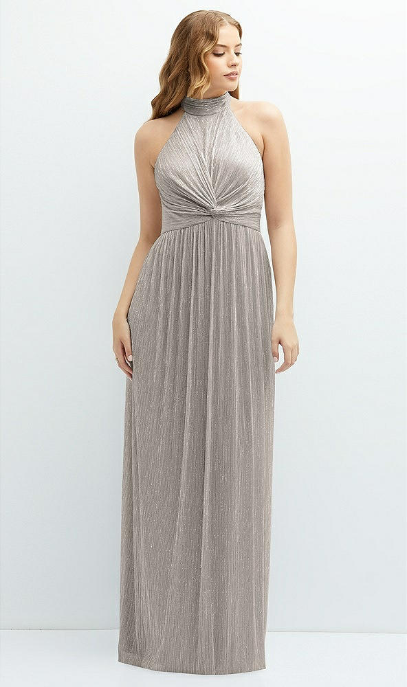 Front View - Metallic Taupe Band Collar Halter Open-Back Metallic Pleated Maxi Dress