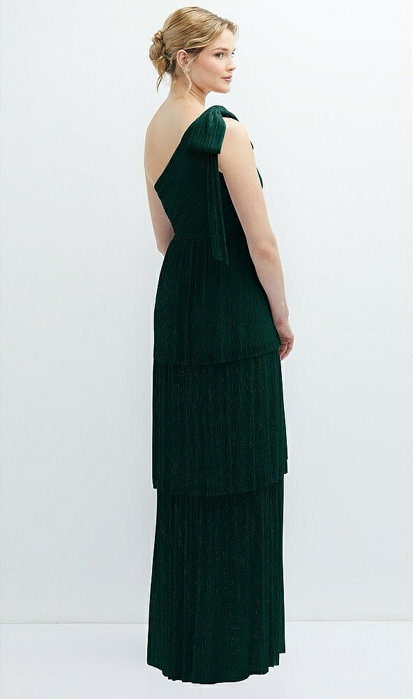 Back View - Metallic Evergreen Tiered Skirt Metallic Pleated One-Shoulder Bow Dress