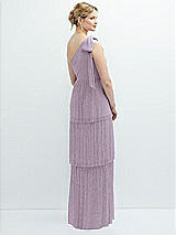 Rear View Thumbnail - Metallic Lilac Haze Tiered Skirt Metallic Pleated One-Shoulder Bow Dress