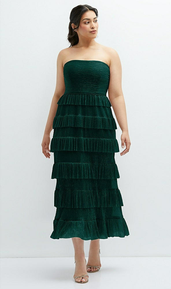 Front View - Metallic Evergreen Ruffle Tiered Skirt Metallic Pleated Strapless Midi Dress