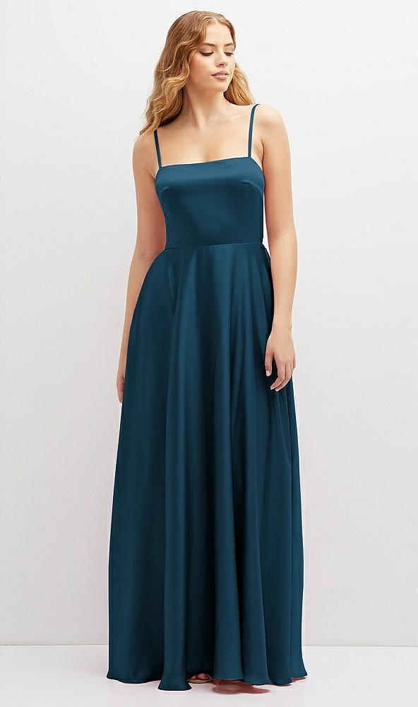 Front View - Atlantic Blue Adjustable Sash Tie Back Satin Maxi Dress with Full Skirt