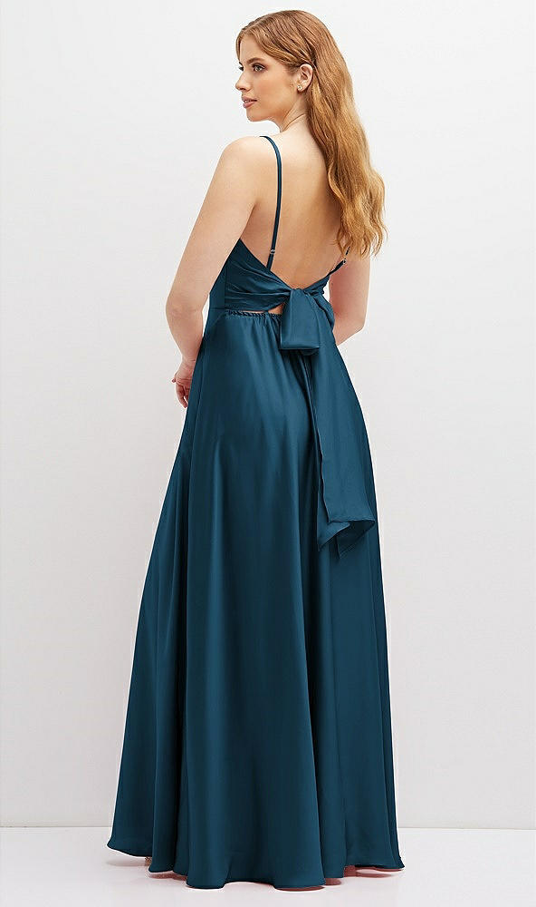 Back View - Atlantic Blue Adjustable Sash Tie Back Satin Maxi Dress with Full Skirt