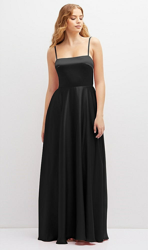 Front View - Black Adjustable Sash Tie Back Satin Maxi Dress with Full Skirt
