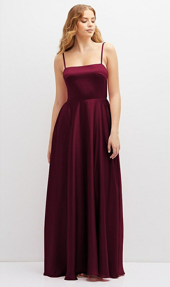 Front View - Cabernet Adjustable Sash Tie Back Satin Maxi Dress with Full Skirt