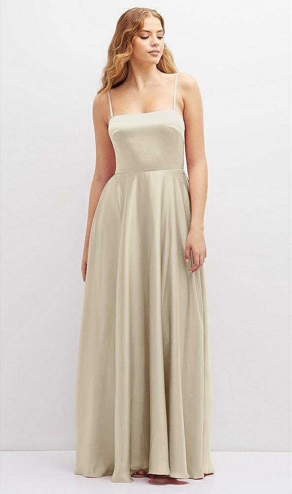Front View - Champagne Adjustable Sash Tie Back Satin Maxi Dress with Full Skirt