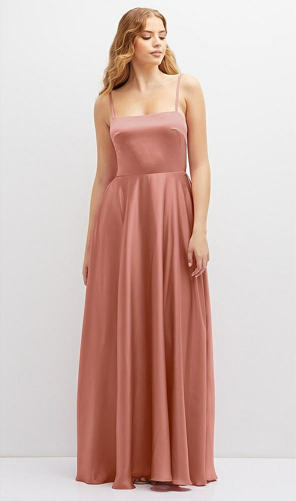 Front View - Desert Rose Adjustable Sash Tie Back Satin Maxi Dress with Full Skirt